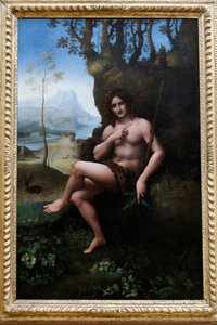 Louvre-museet, Paris, Frankrike. Leonardo da Vincis verksted, kreditert Francesco Melzi, døperen Johannes, olje på panel overført til lerret, ca. 1510-1520. av . .