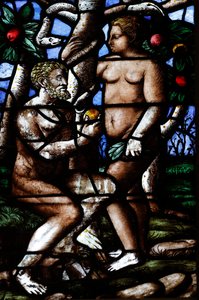 Milano katedral. Glassmaleri vindu. Adam og Eva. Edens hage. Italia. av . .