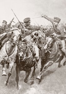 Montert kamp mellom russiske kosakker og tysk kavaleri kjent som dødens husarer en Schwansfeld, mellom Korschen og Bartenstein, Øst-Preussen, august 1914 under første verdenskrig, fra La Esfera av Ferdinand Georg Waldmuller