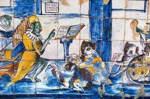 Musikktime, med antropomorfe katter og mus, azulejos-fliser, hagene til Palace of Marquis de Fronteira av William Walcutt