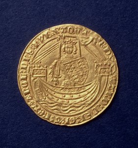 Noble of Edward III (1312-77) på forsiden viser kongen på et skip, Calais mint, intro. 1344 (gull) (for bakside se: 110161) av Hippolyte Lalaise Devéria