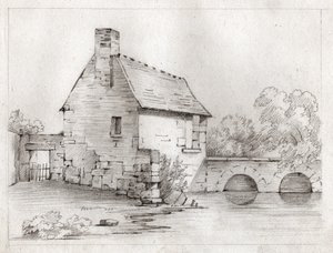 Bondehus på kanten av en elv. ca 1830 (illustrasjon) av . .
