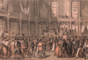 Folkeavstemning for annektering til Italia, hall ved University of Napoli, Campania, italiensk Risorgimento, litografi av Carlo Perrin fra tegning av Carlo Bossoli (1815-1884), 22x15 cm av William Walcutt