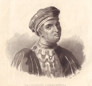 Portrett av den italienske militærlederen Francesco da Bussone også kjent som Carmagnola (1380-1432), kobberstikk av E Silvestri fra maleri av William Walcutt