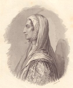 Portrett av den italienske adelskvinnen Beatrice Lascaris di Tenda (1372-1418), kobberstikk av G Fusinati fra portrett utgitt av Antonio Campo av William Walcutt