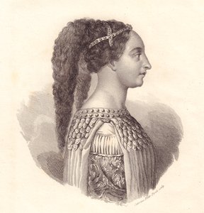 Portrett av den italienske adelskvinnen Isotta degli Atti (ca. 1432-1474), kobberstikk av Caterina Piotti-Pirola av William Walcutt