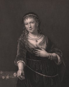 Portrett av Saskia van Uylenburgh (1612-1642), kone til Rembrandt, gravering av Daniel John Pound fra maleri av Rembrandt, fra Paynes Royal Dresden Gallery, av Albert Henry Payne, H Payne Dresden og Leipzig Publisher, ca. 1840 av William Walcutt
