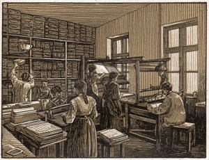 Trykkeri i Budapest, Ungarn: fasonering og utarbeidelse av bøker. Kvinners arbeid. ca. 1910 (illustrasjon) av . .