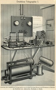 Fremskritt for telekommunikasjon: vitenskaps- og teknologistyret som representerer en gammel telegrafstasjon. Illustrasjon hentet fra “” Meyers Grosses Konversations - Lexikon””” 1904. Bibliographers Institut, Leipzig und Wien av Ferdinand Georg Waldmuller