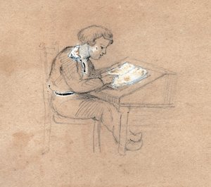 Skolegutt på jobb på skrivebordet sitt. ca 1830 (illustrasjon) av . .