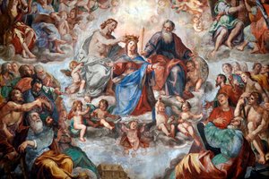 Kroningen av jomfruen. Fresco. San Donato kirke. Genova. Italia. av . .