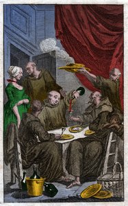 Festen for munker som bryter klosterreglene. De drikker vin, kurtiserer tjenestepikene. 1700-tallet (gravering) av . .