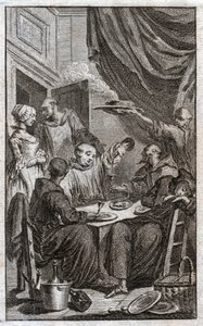 Festen for munker som bryter klosterreglene. De drikker vin, kurtiserer tjenestepikene. 1700-tallet (gravering) av . .