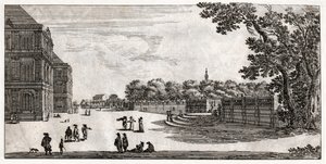 Utsikt over Palais d'Orleans (Senatet) i Jardin du Luxembourg, Paris. 1600-tallet (gravering) av . .