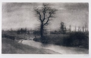 'Vinterlandskap: ensomt tre ved en sving i en elv' av Ferdinand Georg Waldmuller