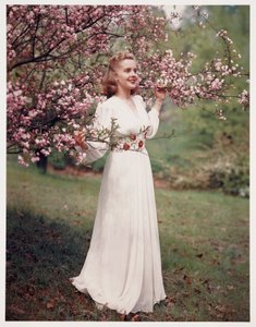 Kvinne som modellerer en kjole nær blomstringen, ca 1940-tallet av Frederick (attr. to) Barnard