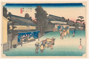 Narumi, et sted som er kjent for sin klut, i de femti-tre stasjonene på Tokaido-veien