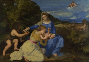 Jomfruen og barnet med spedbarnet Saint John og en kvinnelig helgen eller donor ("The Aldobrandini Madonna") av Tiziano Vecelli