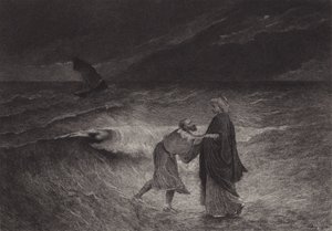 Jesus og St Peter på havet av after Albert Robida