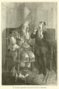 M Jourdain lærer å uttale stemmen U, Moliere av after Emile Antoine Bayard