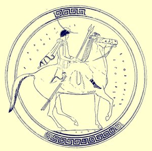 Gutt på hest, illustrasjon fra greske vasemalerier av J. E. Harrison og D. S. MacColl, utgitt 1894 (digitalt forbedret bilde) av after English School