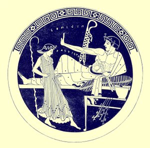 Dansende jente og festende ungdom, illustrasjon fra greske vasemalerier av J. E. Harrison og D. S. MacColl, utgitt 1894 (digitalt forbedret bilde) av after English School