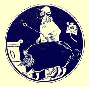 Hermes og den maskerte hunden, illustrasjon fra greske vasemalerier av J. E. Harrison og D. S. MacColl, publisert 1894 (digitalt forbedret bilde)