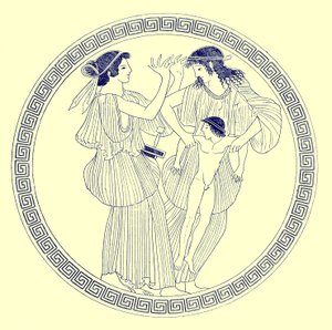 Prokne, Philomela og Itys, illustrasjon fra greske vasemalerier av J. E. Harrison og D. S. MacColl, utgitt 1894 (digitalt forbedret bilde)