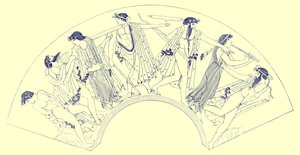 Revel av Brygos, illustrasjon fra greske vasemalerier av J. E. Harrison og D. S. MacColl, utgitt 1894 (digitalt forbedret bilde) av after English School