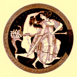 Satyr og Maenad, illustrasjon fra greske vasemalerier av J. E. Harrison og D. S. MacColl, utgitt 1894 (digitalt forbedret bilde)