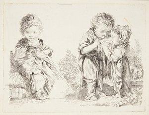 Barn som sitter på en jordklump og De små melkedrikkerne av after Francois Boucher