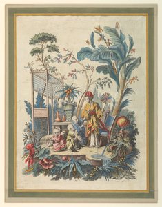 Plate 7 av et sett med kinesiske sjangerscener av after Francois Boucher