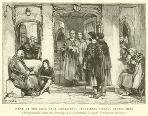 Scene ved porten til et kloster, reisende som søker forfriskning av after George Cattermole