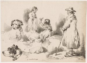Studier av barn (To små jenter); To hunder; En mann av after George Morland