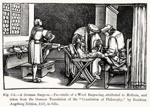 En tysk kirurg, fra Consolation of Philosophy av Boethius, illustrasjon fra Science and Literature in the Middle Ages and Renaissance, skrevet og gravert av Paul Lacroix, 1878 (bw ph)