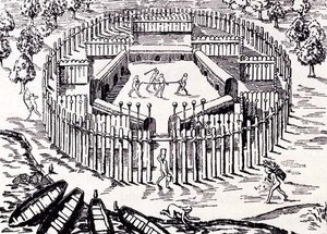 En Guarani-landsby, fra Gottfrieds Historia Antipodum, pub. i 1655, fra The Romance of the River Plate, Vol. I, av W.H. Koebel, 1914