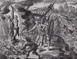 Spanjolenes hevn for Ayolas død, fra Gottfrieds Historia Antipodum, pub. i 1655, fra The Romance of the River Plate, Vol. I, av W.H. Koebel, 1914