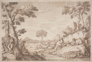 En pastoral reise med en gutt som spiller sin fløyte ved et tre av after Giovanni Benedetto Castiglione Gaetano Zompini