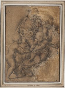 Den hellige familie med spedbarnet døperen Johannes. Etter Giulio Romanos Madonna della Gatta