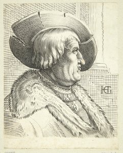 Fantasiportrett av gammel mann med hatt i profil av after Hendrick Goltzius