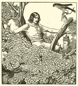 Sir Launcelot klatrer for å fange kvinnefalken av after Howard Pyle