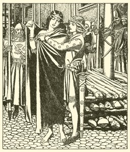 Tristram hjelper Lady Moeya av after Howard Pyle