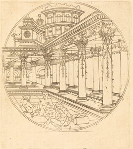 Tre figurer i et galleri av after Jean de Gourmont I