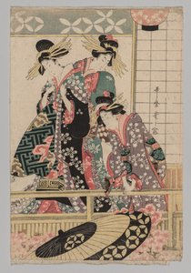 Yoshiwara kvinner ser inn i gaten om våren av after Kitagawa Utamaro