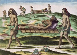 Hermafroditter som transporterer de skadde, fra 'Brevis Narratio...', utgitt av Theodore de Bry, 1591 av after Le Moyne, J.Bry