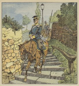 Ved Chateaudun stiger to forfulgte uhlaner ned på hesteryggen steintrappen med 200 trinn av after Louis Charles Bombled