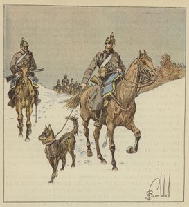 Preussiske ryttere i rekognosering, innledet av hunder holdt i bånd av after Louis Charles Bombled