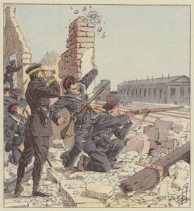 Forsvar av Tien-Tsin-stasjonen av marinesoldater av after Louis Charles Bombled