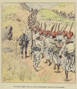 Lyssøylen i Ambohimena-fjellene, marsjerer på Tananarive av after Louis Charles Bombled