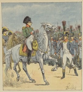 Napoleon blir utfordret i paraden av en løytnant av after Louis Charles Bombled
